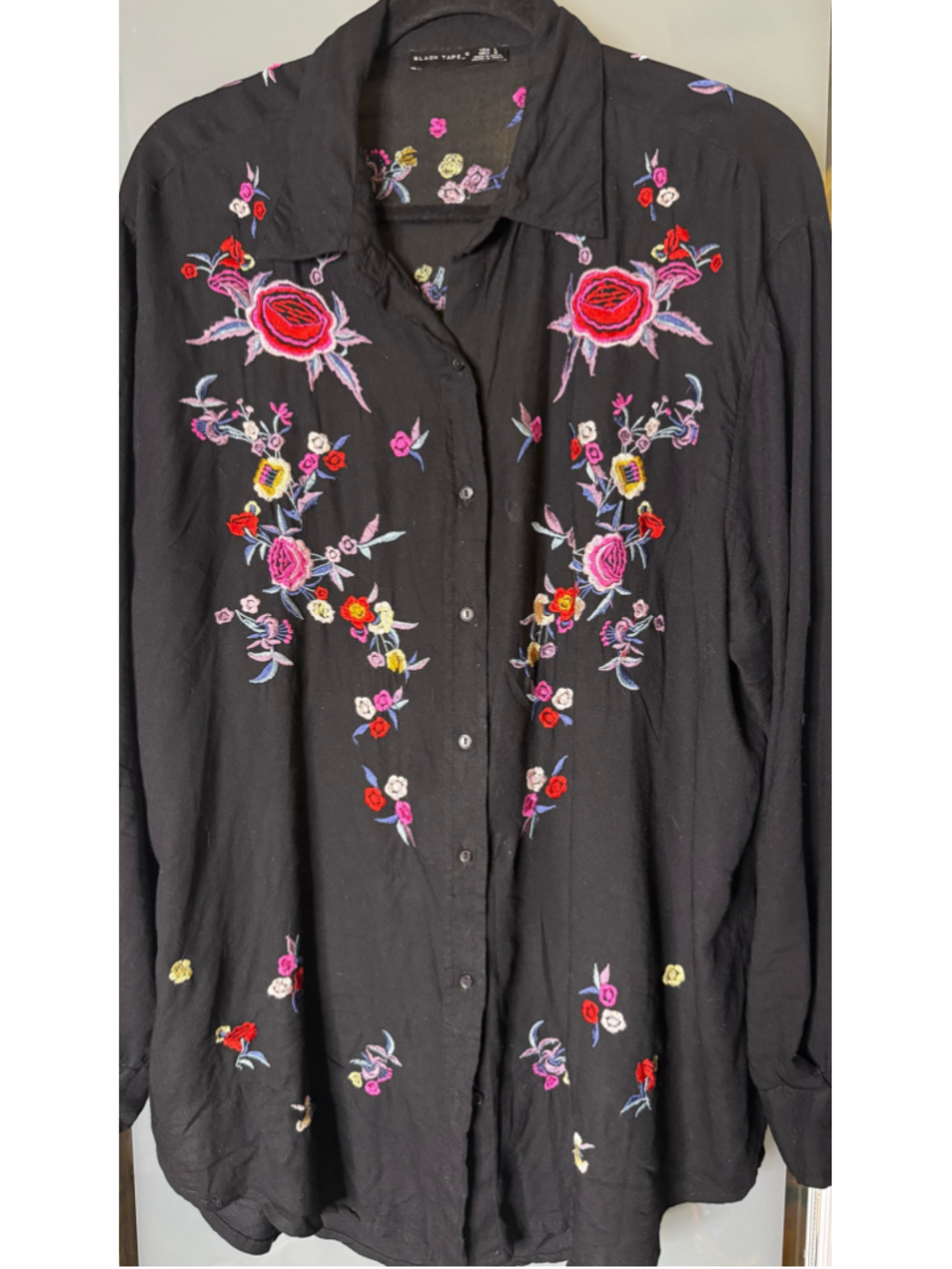 Black Tape Floral Embroidered Button Down Shirt, Size L, Black - Picture 2 of 6